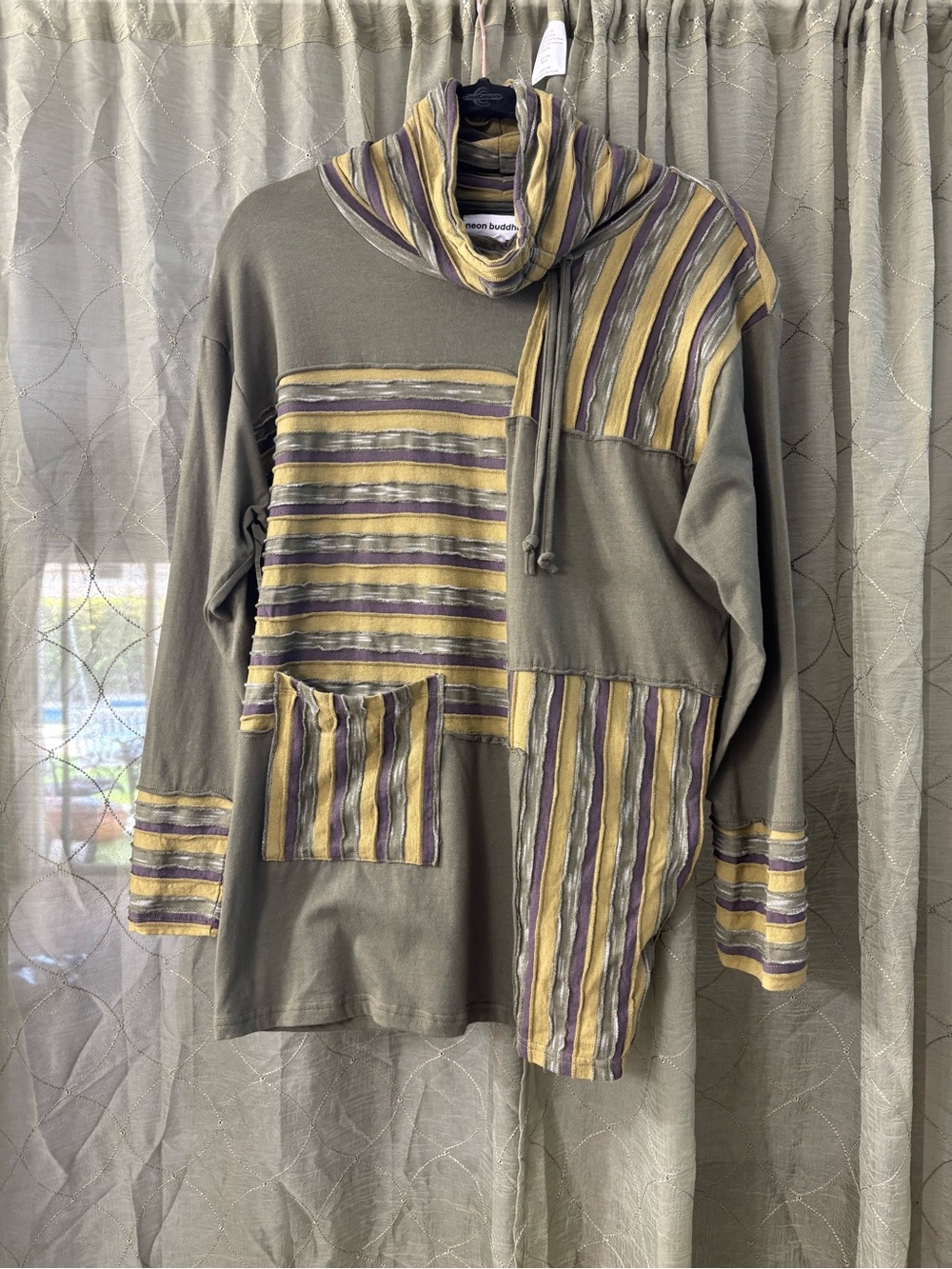neon buddha Olive Patchwork Turtleneck Sweater with Yellow and Purple Stripes